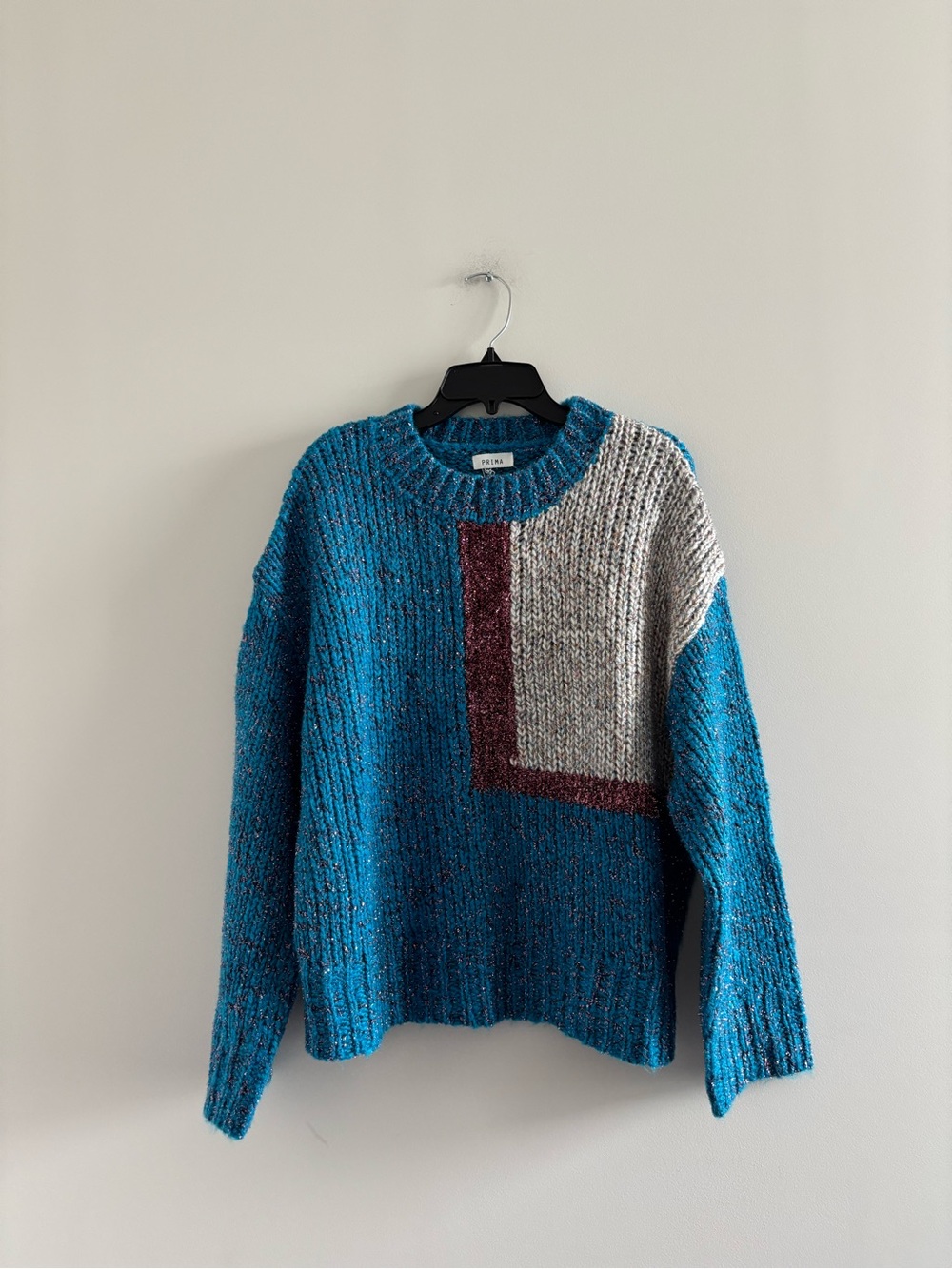 Prima Sweater Tinsel Knit Blue Metallic Glitter Colorblock Women M Artsy Holiday